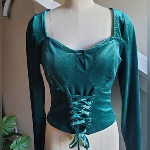 Thorn & Fable Velour Corset Top Lace Up Fairycore Green Size Small